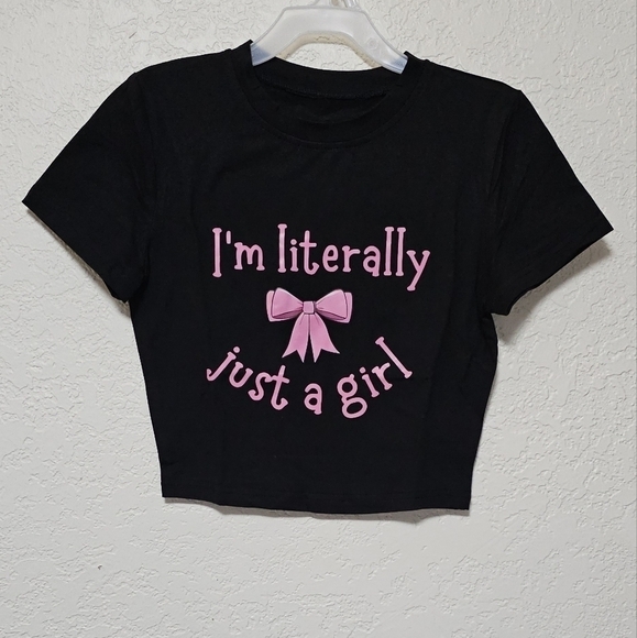 Just a girl Black and Pink Crop top Baby tee Size Large New - Picture 2 of 6